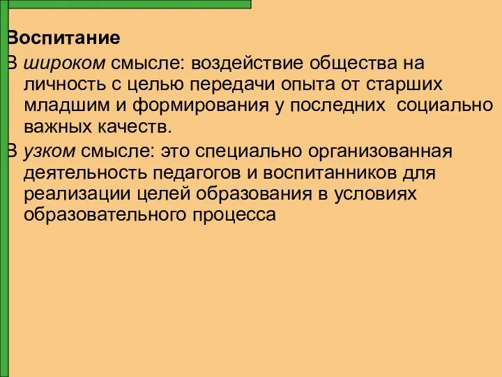 Воспитание В широком смысле: воздействие общества на личность с целью передачи