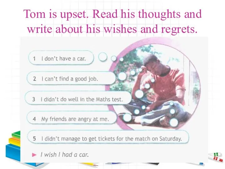 Tom is upset. Read his thoughts and write about his wishes and regrets.