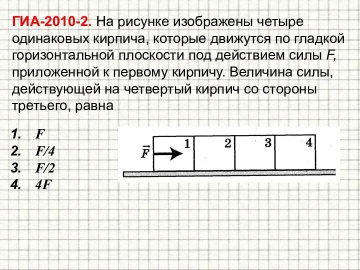 ГИА-2010-2. На рисунке изображены четыре одинаковых кирпича, которые движутся по гладкой