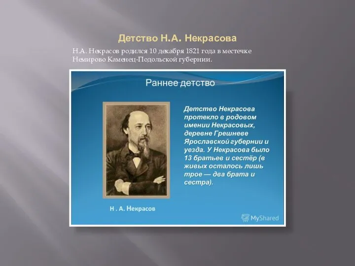 Детство Н.А. Некрасова Н.А. Некрасов родился 10 декабря 1821 года в местечке Немирово Каменец-Подольской губернии.