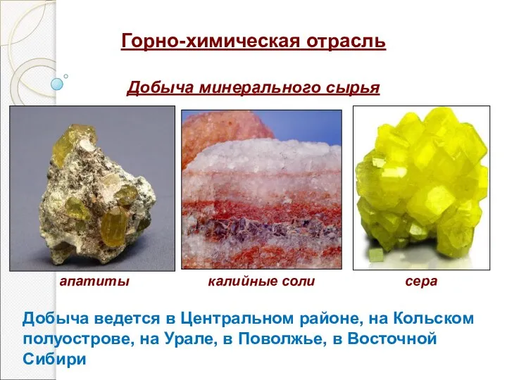 Горно-химическая отрасль Добыча минерального сырья апатиты калийные соли сера Добыча ведется