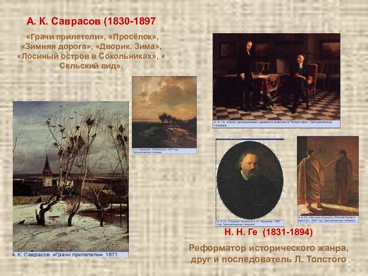 А. К. Саврасов (1830-1897 «Грачи прилетели», «Просёлок», «Зимняя дорога», «Дворик. Зима»,