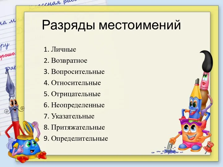 Разряды местоимений Личные Возвратное Вопросительные Относительные Отрицательные Неопределенные Указательные Притяжательные Определительные