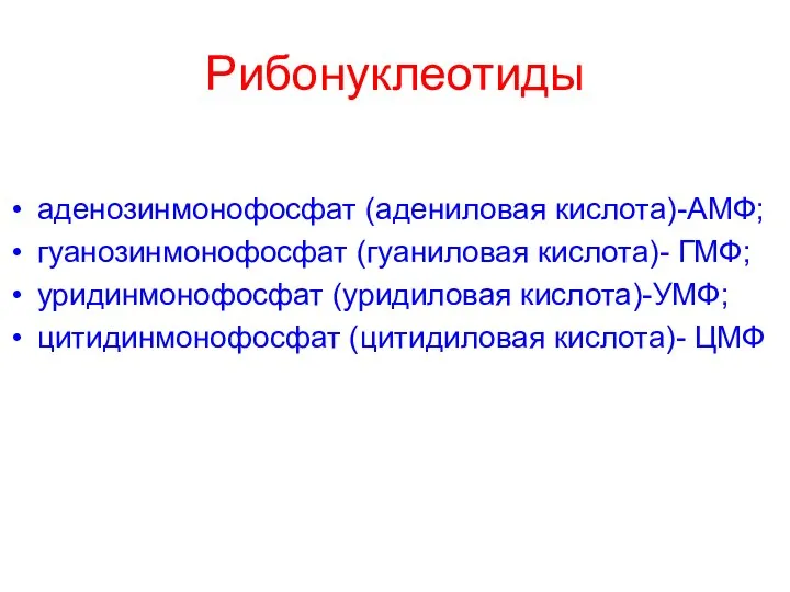 Рибонуклеотиды аденозинмонофосфат (адениловая кислота)-АМФ; гуанозинмонофосфат (гуаниловая кислота)- ГМФ; уридинмонофосфат (уридиловая кислота)-УМФ; цитидинмонофосфат (цитидиловая кислота)- ЦМФ