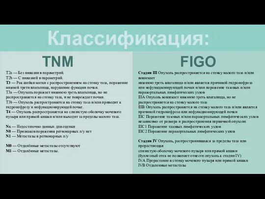 Классификация: TNM FIGO T2a — Без инвазии в параметрий. T2b —