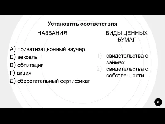 Установить соответствия НАЗВАНИЯ А) приватизационный ваучер Б) вексель В) облигация Г)