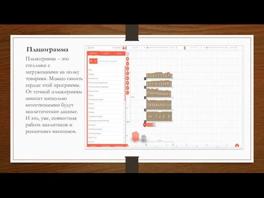 Планограмма Планограмма – это стеллажи с загруженными на полку товарами. Можно