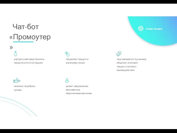 Чат-бот «Промоутер» помогает подобрать нужное делает предложения максимально персонализированными продвигает продукт