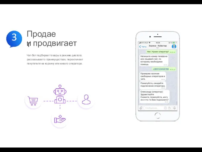 Продает и продвигает Чат-бот подбирает товары в режиме диалога, рассказывает о