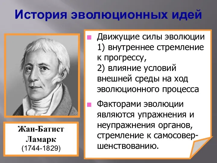 Движущие силы эволюции 1) внутреннее стремление к прогрессу, 2) влияние условий