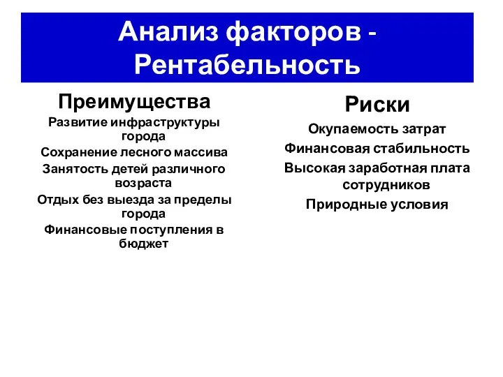 Преимущества Развитие инфраструктуры города Сохранение лесного массива Занятость детей различного возраста