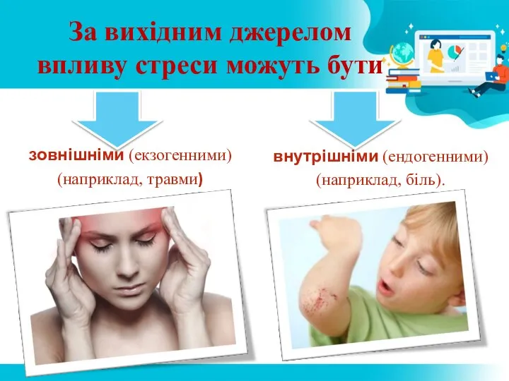 За вихідним джерелом впливу стреси можуть бути зовнішніми (екзогенними) (наприклад, травми) внутрішніми (ендогенними) (наприклад, біль).