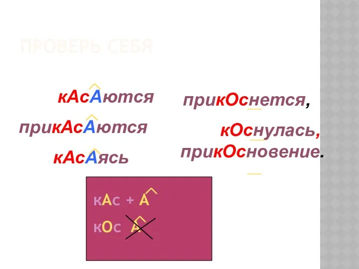 ПРОВЕРЬ СЕБЯ кАсАются прикАсАются кАсАясь прикОснется, кОснулась, прикОсновение. кАс + А кОс А