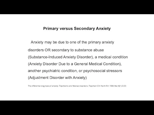 The differential diagnosis of anxiety. Psychiatric and Medical disorders. Psychiatr Clin