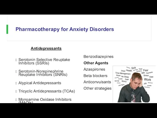 Pharmacotherapy for Anxiety Disorders Antidepressants Serotonin Selective Reuptake Inhibitors (SSRIs) Serotonin-Norepinephrine