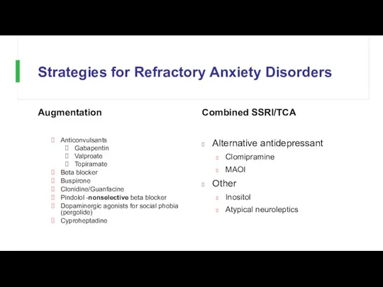 Strategies for Refractory Anxiety Disorders Augmentation Anticonvulsants Gabapentin Valproate Topiramate Beta