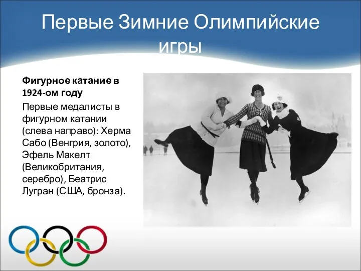 Первые Зимние Олимпийские игры Фигурное катание в 1924-ом году Первые медалисты