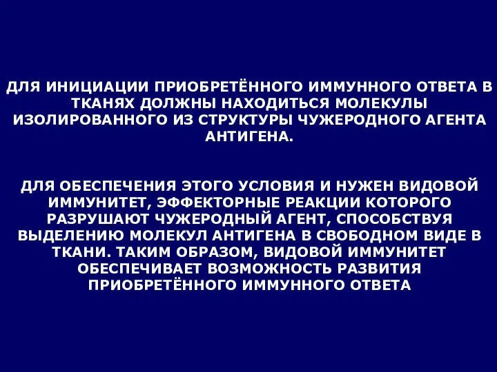 ДЛЯ ИНИЦИАЦИИ ПРИОБРЕТЁННОГО ИММУННОГО ОТВЕТА В ТКАНЯХ ДОЛЖНЫ НАХОДИТЬСЯ МОЛЕКУЛЫ ИЗОЛИРОВАННОГО