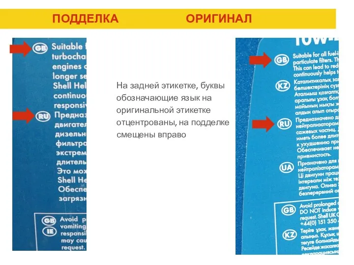 ПОДДЕЛКА ОРИГИНАЛ На задней этикетке, буквы обозначающие язык на оригинальной этикетке отцентрованы, на подделке смещены вправо