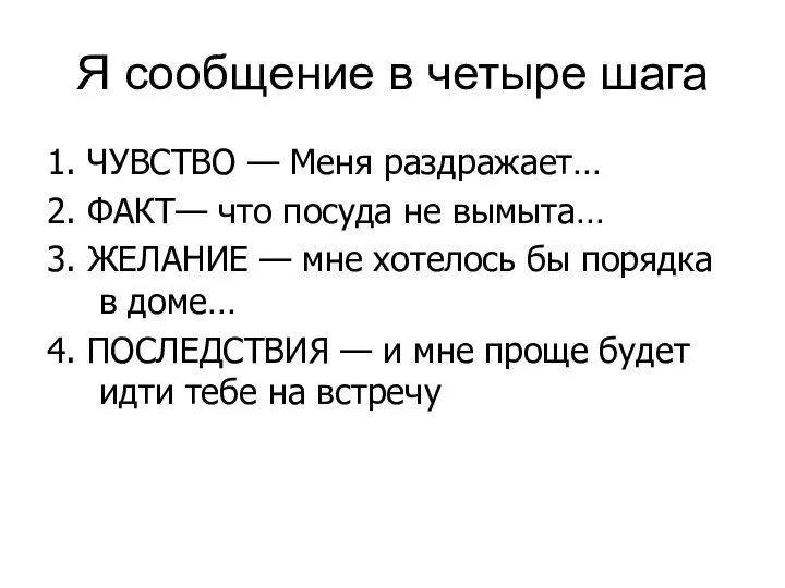 Я сообщение в четыре шага 1. ЧУВСТВО — Меня раздражает… 2.