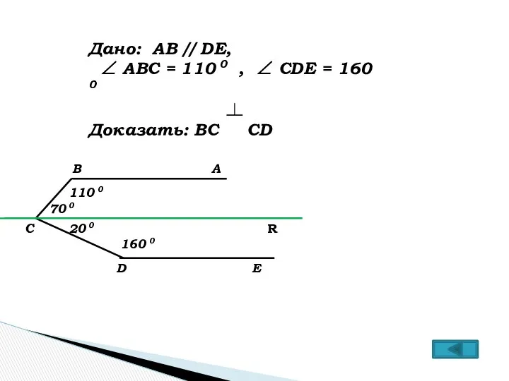 Дано: АВ // DЕ, ∠ ABC = 110 0 , ∠