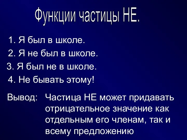 Функции частицы НЕ. 1. Я был в школе. 2. Я не