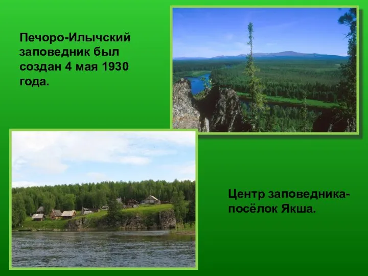 Печоро-Илычский заповедник был создан 4 мая 1930 года. Центр заповедника- посёлок Якша.