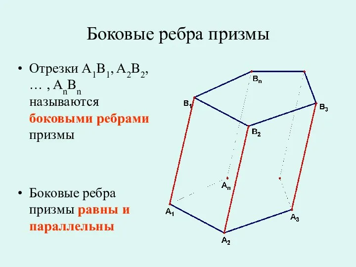 Отрезки A1B1, A2B2, … , AnBn называются боковыми ребрами призмы Боковые