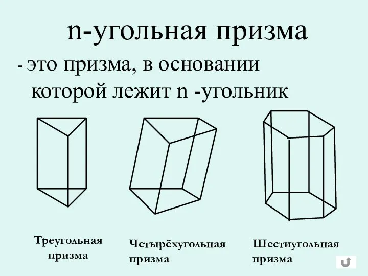 n-угольная призма - это призма, в основании которой лежит n -угольник