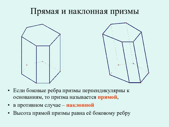 Если боковые ребра призмы перпендикулярны к основаниям, то призма называется прямой,