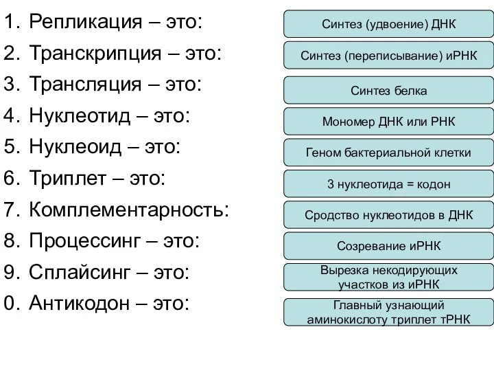 Репликация – это: Транскрипция – это: Трансляция – это: Нуклеотид –