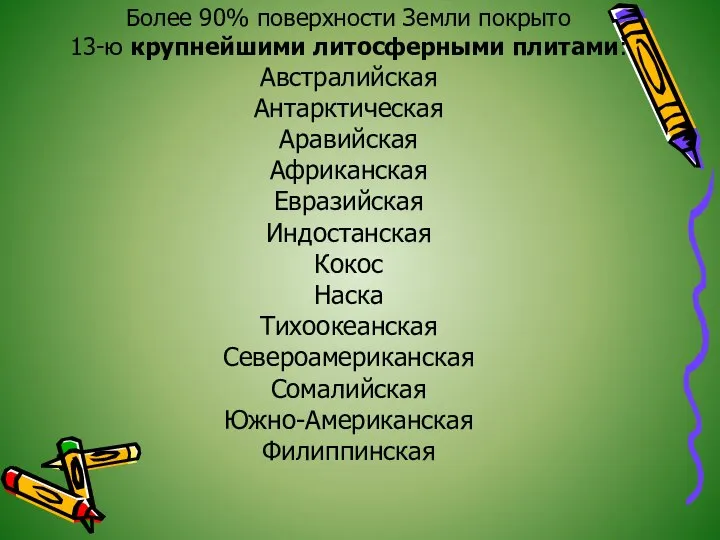 Более 90% поверхности Земли покрыто 13-ю крупнейшими литосферными плитами: Австралийская Антарктическая