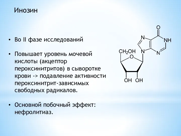 Инозин Во II фазе исследований Повышает уровень мочевой кислоты (акцептор пероксинитритов)