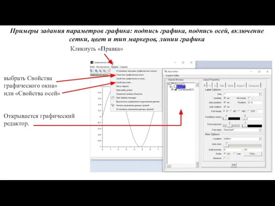 Примеры задания параметров графика: подпись графика, подпись осей, включение сетки, цвет