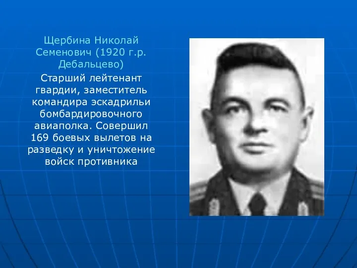 Щербина Николай Семенович (1920 г.р. Дебальцево) Старший лейтенант гвардии, заместитель командира