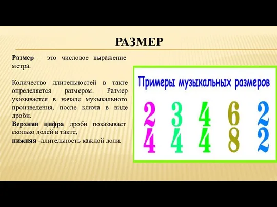 РАЗМЕР Размер – это числовое выражение метра. Количество длительностей в такте