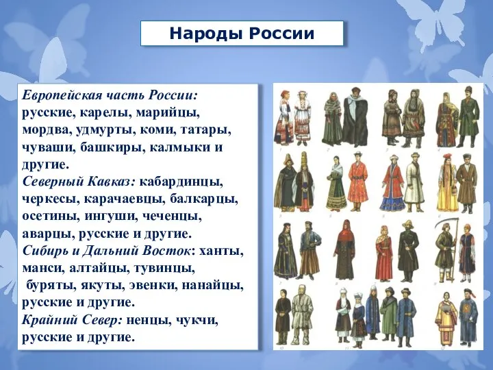 Народы России Европейская часть России: русские, карелы, марийцы, мордва, удмурты, коми,