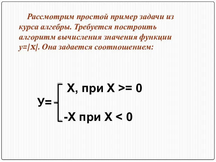 Рассмотрим простой пример задачи из курса алгебры. Требуется построить алгоритм вычисления