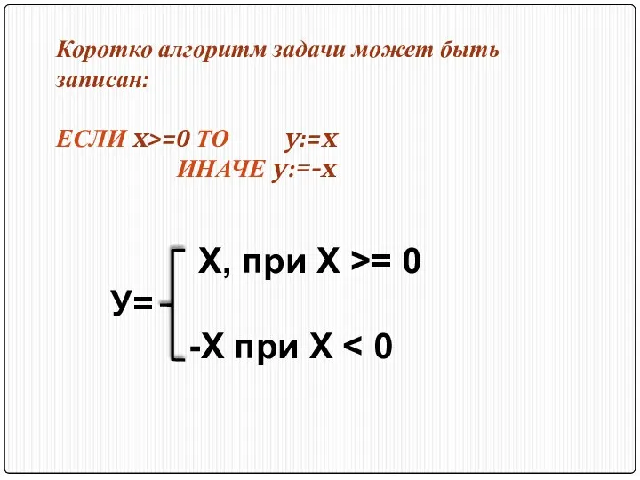 Коротко алгоритм задачи может быть записан: ЕСЛИ x>=0 ТО y:=x ИНАЧЕ