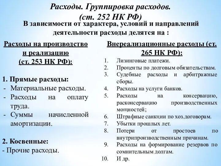 Расходы. Группировка расходов. (ст. 252 НК РФ) Расходы на производство и