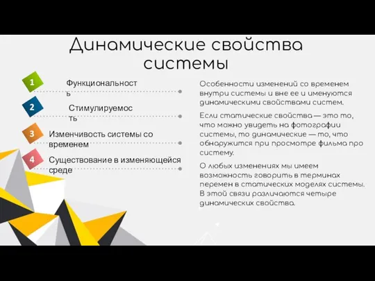 Динамические свойства системы Особенности изменений со временем внутри системы и вне