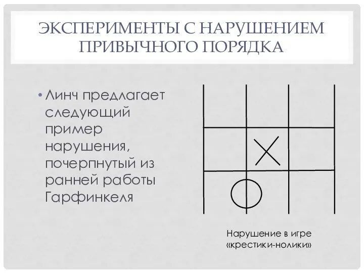 ЭКСПЕРИМЕНТЫ С НАРУШЕНИЕМ ПРИВЫЧНОГО ПОРЯДКА Линч предлагает следующий пример нарушения, почерпнутый