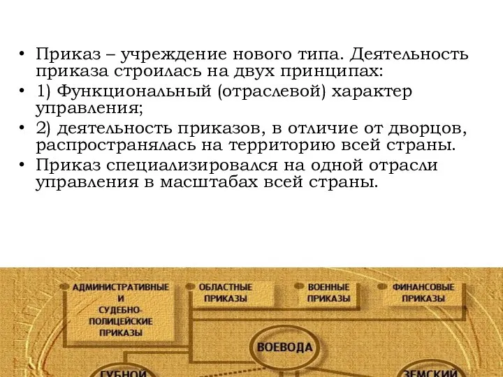 Приказ – учреждение нового типа. Деятельность приказа строилась на двух принципах: