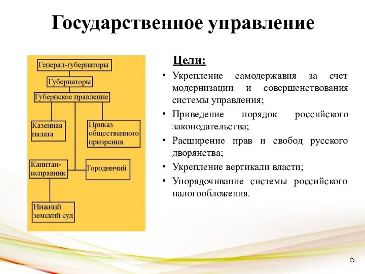 Государственное управление Цели: Укрепление самодержавия за счет модернизации и совершенствования системы