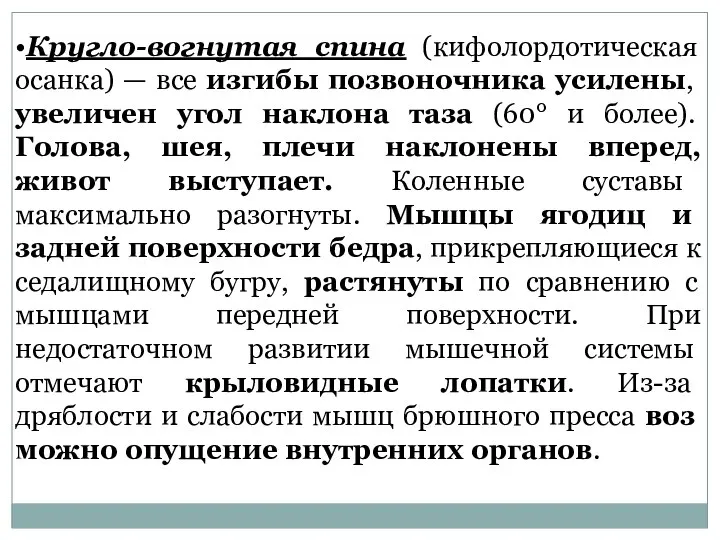 •Кругло-вогнутая спина (кифолордотическая осанка) — все изгибы позвоночни­ка усилены, увеличен угол