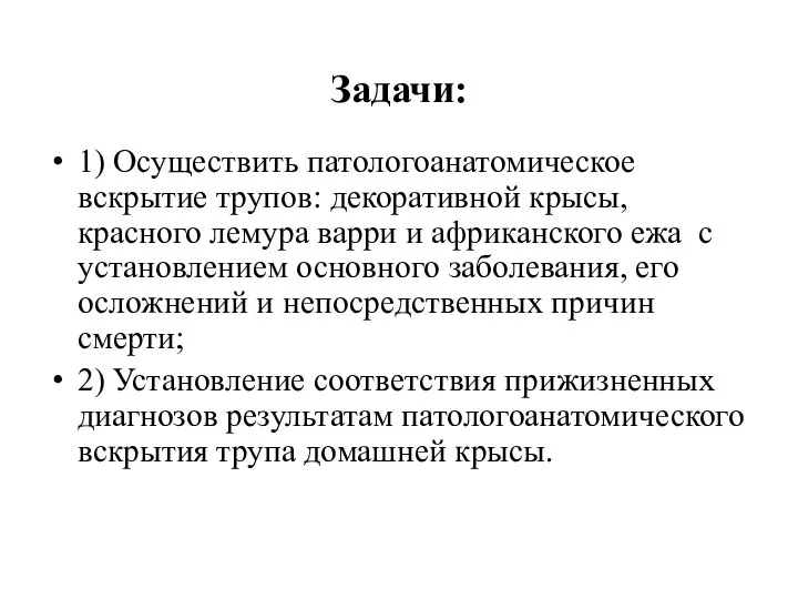 Задачи: 1) Осуществить патологоанатомическое вскрытие трупов: декоративной крысы, красного лемура варри