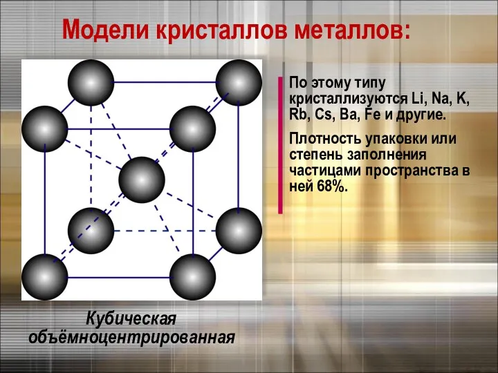 Модели кристаллов металлов: Кубическая объёмноцентрированная По этому типу кристаллизуются Li, Na,