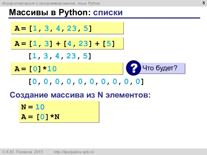 Массивы в Python: списки A = [1, 3, 4, 23, 5]
