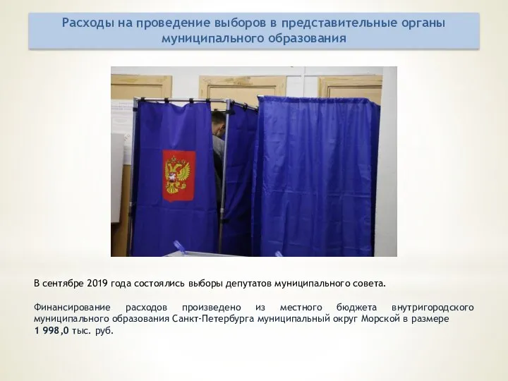 В сентябре 2019 года состоялись выборы депутатов муниципального совета. Финансирование расходов