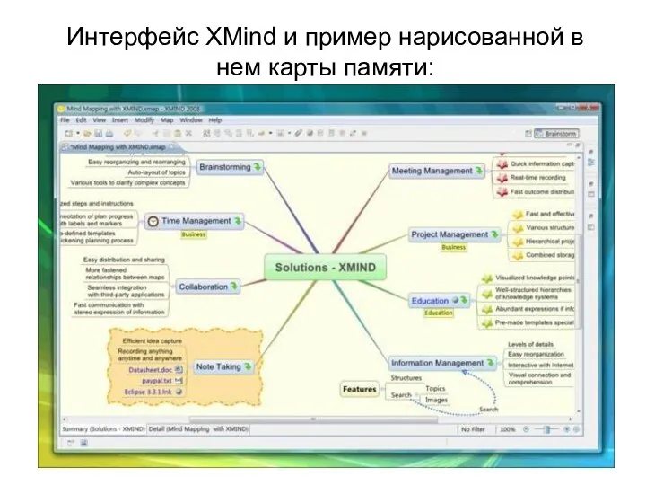 Интерфейс XMind и пример нарисованной в нем карты памяти: